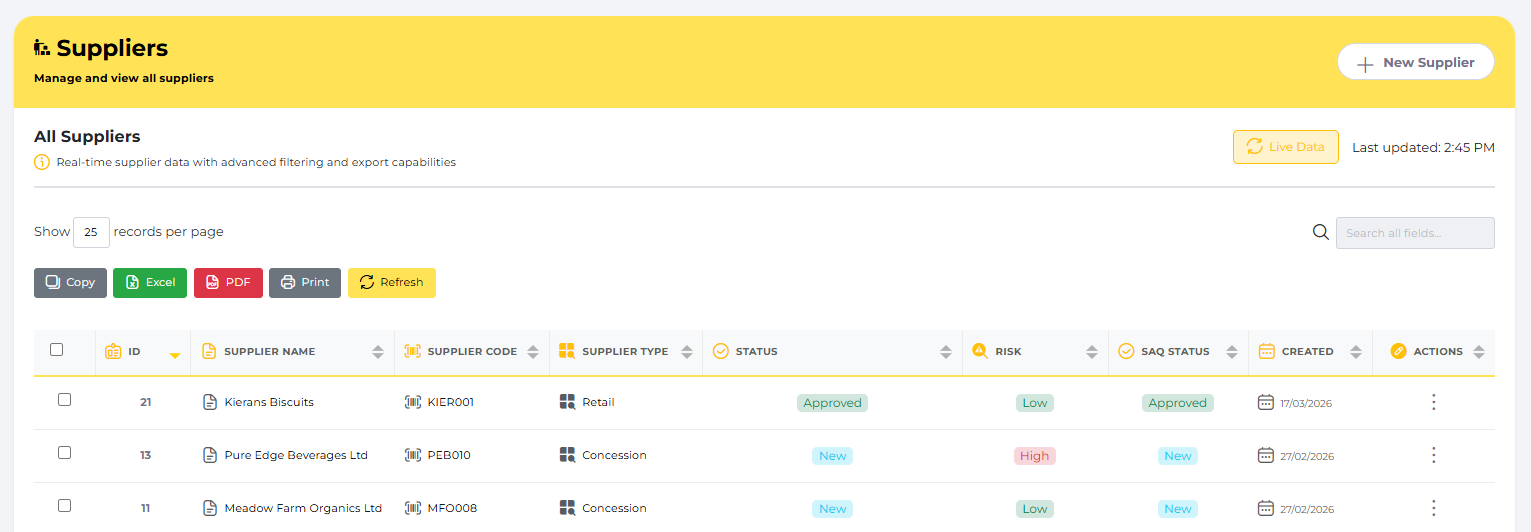 Food Trace supplier onboarding dashboard, onboarding in two working days